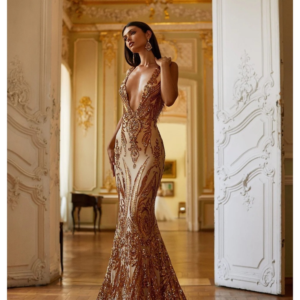 Alamour The Label Gold Sequin Embellished Gown